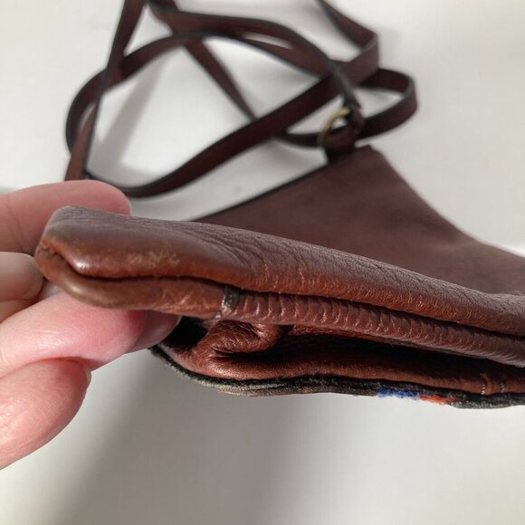 Womens Fossil Leather Tapestry Boho Crossbody Bag Brown Orange Blue 8 x 8" - Picture 6 of 9